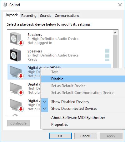 desactivation peripherique audio windows 10