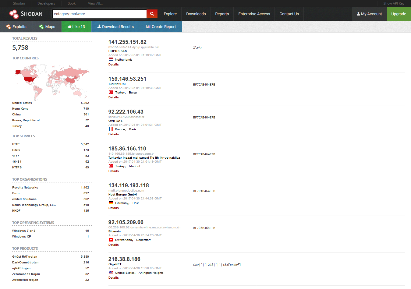 Resultats de recherche Shodan 