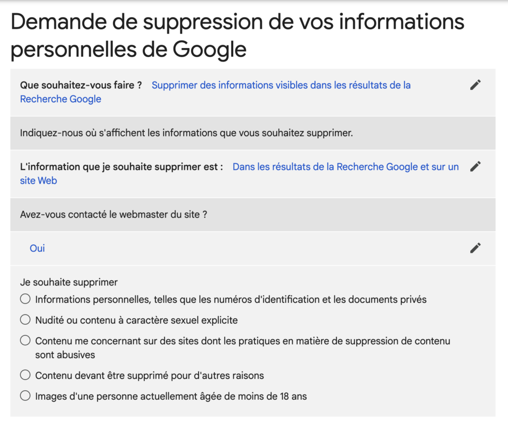 Demande de suppression d'informations personnelles de Google