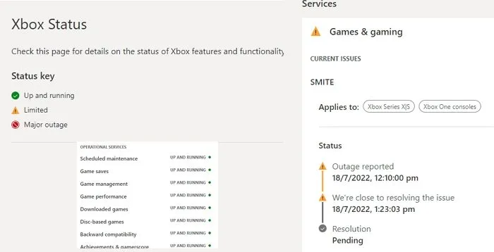 Page statut serveurs Xbox