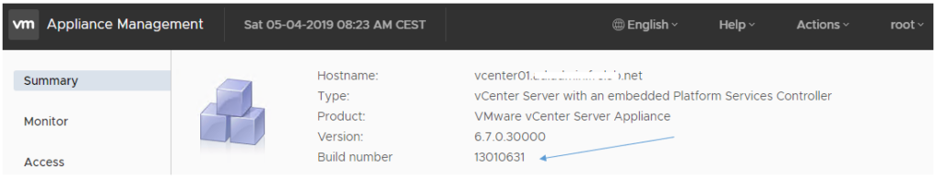 8. Apres la fin de la mise jour et le redémarrage de l'Appliance VCSA, nous pouvons vérifier que le build number a changé pour le plus récent