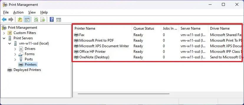 Accéder à la liste via Gestion de l’impression « Printmanagement.msc »