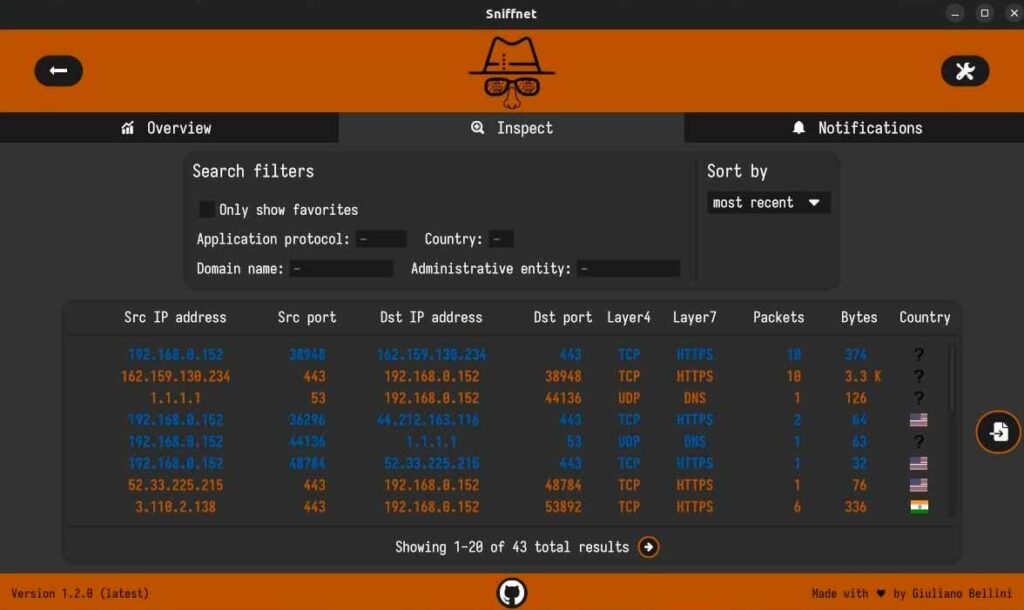 Sniffnet Inspect network tools