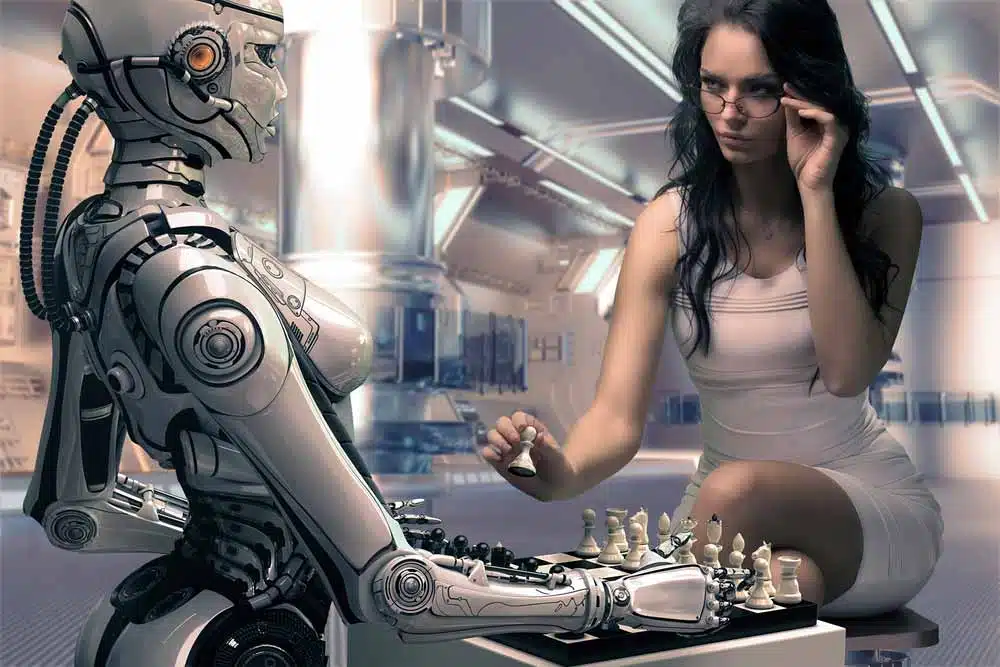 Femme jouant aux échecs avec un robot