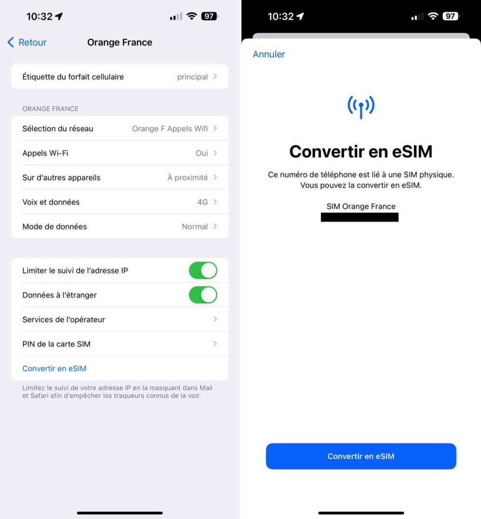 Convertir une carte SIM physique en eSIM sur le même iPhone