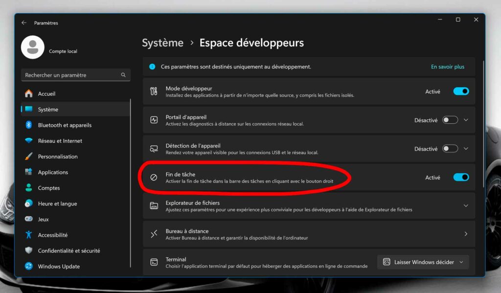 Activer l’option « Terminer la tâche » dans la barre des tâches de Windows 11