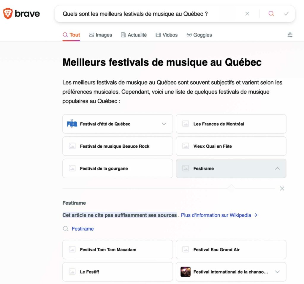 Résultats de recherche Brave search