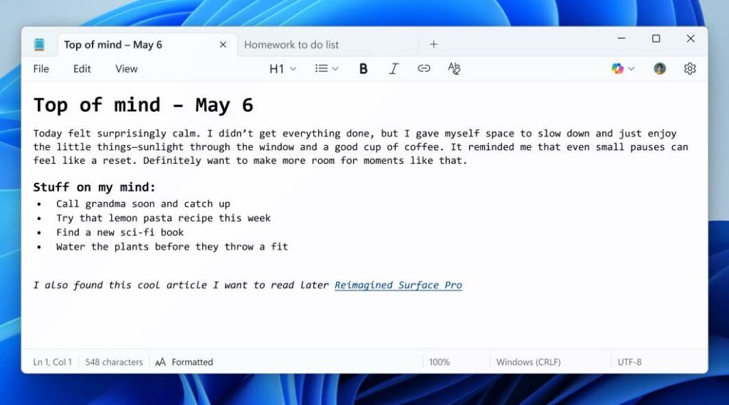 Microsoft ajoute au Bloc-notes de Windows 11 des options de formatage