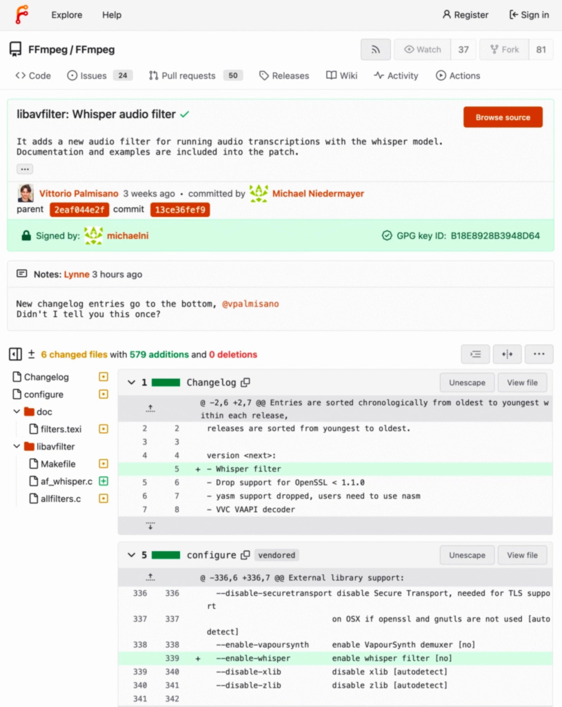 Le commit, signé Vittorio Palmisano et validé le 8 août 2025 par Michael Niedermayer, 