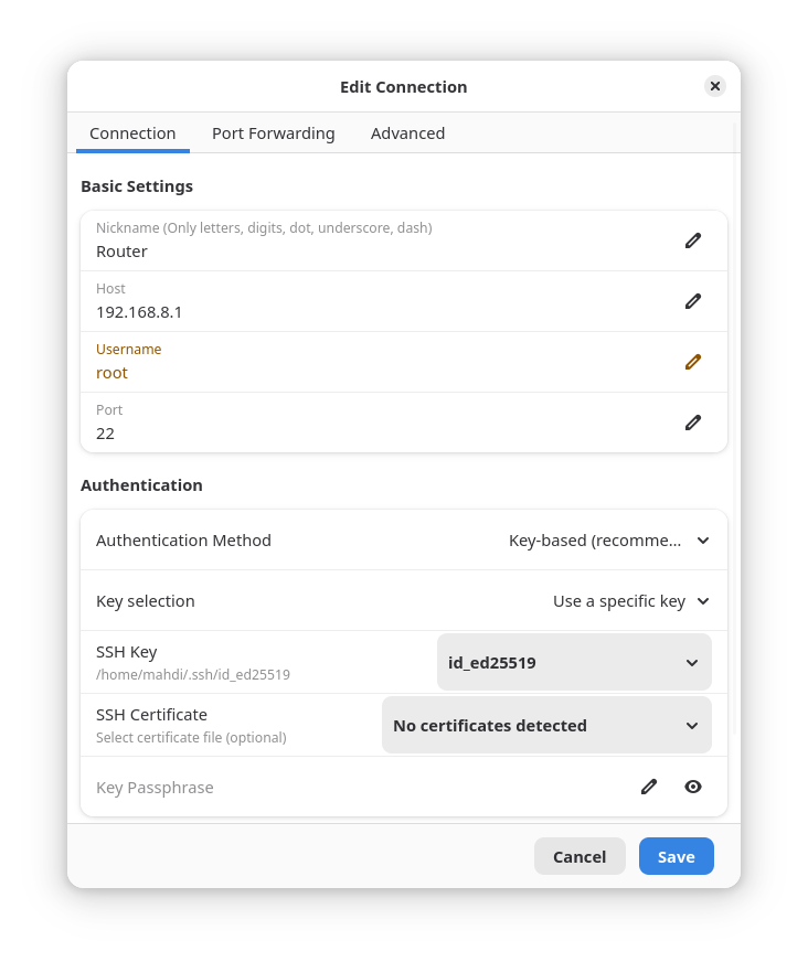 Editer la connexion de SSH Pilote