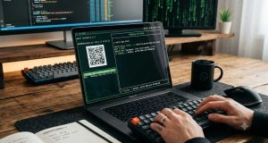 Mains tapant sur un ordinateur portable affichant une interface de chat en ligne de commande avec un code QR