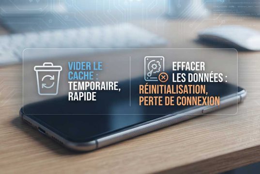 Android : Vider le cache vs Effacer les données, les différences techniques Gros plan sur un écran de smartphone Android comparant les options "Vider le cache" et "Effacer les données" avec des icônes techniques.