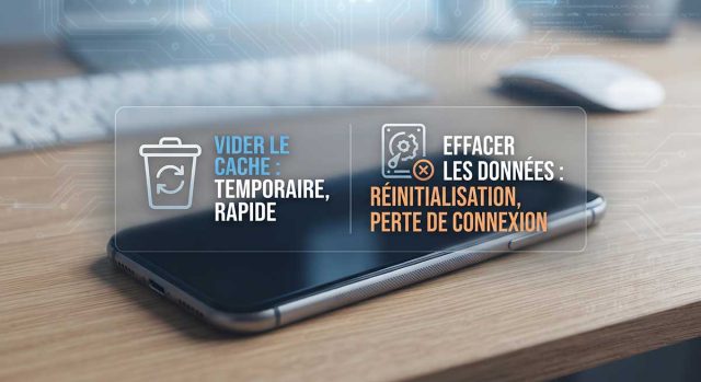 Android : Vider le cache vs Effacer les données, les différences techniques Gros plan sur un écran de smartphone Android comparant les options "Vider le cache" et "Effacer les données" avec des icônes techniques.