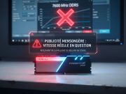 G. Skill : 2,4 millions de dollars pour régler un litige sur la vitesse de sa RAM Gros plan sur une barrette de RAM G. Skill Trident Z RGB avec un avertissement numérique sur la publicité mensongère concernant sa vitesse.