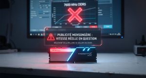 Gros plan sur une barrette de RAM G. Skill Trident Z RGB avec un avertissement numérique sur la publicité mensongère concernant sa vitesse.