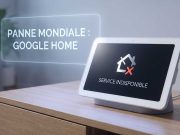 Panne mondiale Google Home : Le service est inaccessible Gros plan sur l'écran d'un Google Nest Hub affichant une erreur de service et l'indication "Panne mondiale Google Home".