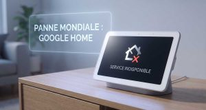 Gros plan sur l'écran d'un Google Nest Hub affichant une erreur de service et l'indication "Panne mondiale Google Home".
