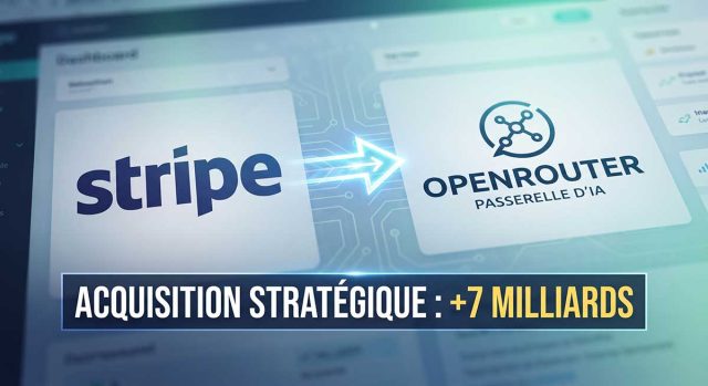 Stripe rachète la pépite de l’IA OpenRouter pour plus de 7 milliards Fusion stratégique entre Stripe et OpenRouter illustrant l'acquisition pour 7 milliards de dollars.