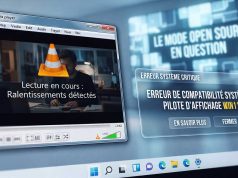 VLC vs Microsoft : Les lents de Windows 11 au cœur d’une polémique Conflit d'interface entre VLC et Windows 11 affichant un message de ralentissement et d'erreur de pilote.