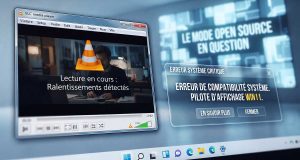 Conflit d'interface entre VLC et Windows 11 affichant un message de ralentissement et d'erreur de pilote.