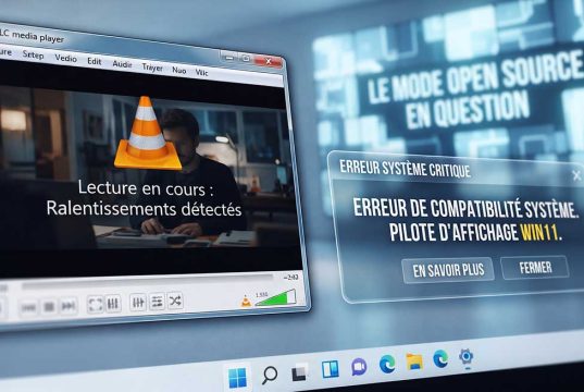 VLC vs Microsoft : Les lents de Windows 11 au cœur d’une polémique Conflit d'interface entre VLC et Windows 11 affichant un message de ralentissement et d'erreur de pilote.