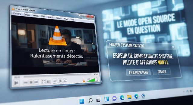 VLC vs Microsoft : Les lents de Windows 11 au cœur d’une polémique Conflit d'interface entre VLC et Windows 11 affichant un message de ralentissement et d'erreur de pilote.
