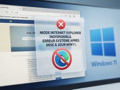 Windows 11 : Un bug casse le mode Internet Explorer d’Edge Écran de PC affichant un message d'erreur bloquant le mode IE dans Microsoft Edge sous Windows 11.