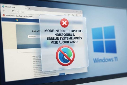 Windows 11 : Un bug casse le mode Internet Explorer d’Edge Écran de PC affichant un message d'erreur bloquant le mode IE dans Microsoft Edge sous Windows 11.