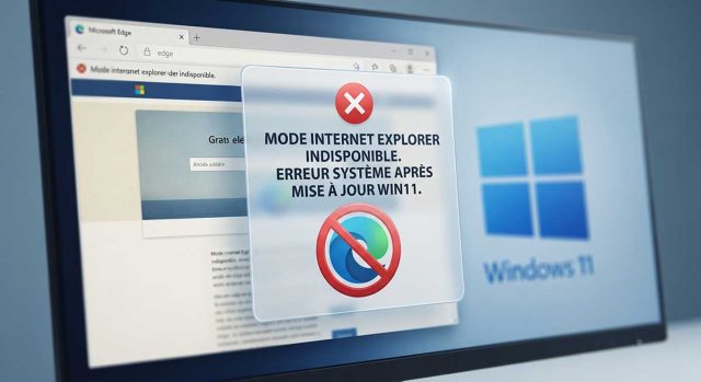Windows 11 : Un bug casse le mode Internet Explorer d’Edge Écran de PC affichant un message d'erreur bloquant le mode IE dans Microsoft Edge sous Windows 11.