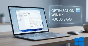 Gros plan sur l'écran d'un PC portable Windows 11 affichant le gestionnaire des tâches avec une utilisation mémoire optimisée.