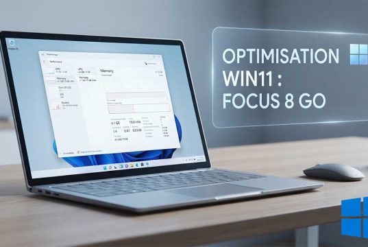 Windows 11 : Microsoft optimise enfin la mémoire pour les PC à 8 Go de RAM Gros plan sur l'écran d'un PC portable Windows 11 affichant le gestionnaire des tâches avec une utilisation mémoire optimisée.