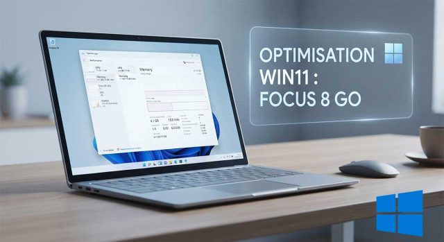 Windows 11 : Microsoft optimise enfin la mémoire pour les PC à 8 Go de RAM Gros plan sur l'écran d'un PC portable Windows 11 affichant le gestionnaire des tâches avec une utilisation mémoire optimisée.