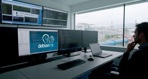 Écrans de contrôle au CERN affichant des informations liées à la migration vers Debian 13 sur les systèmes techniques.