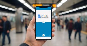 Smartphone affichant l'application Google Translate avec la fonction de traduction en direct active.