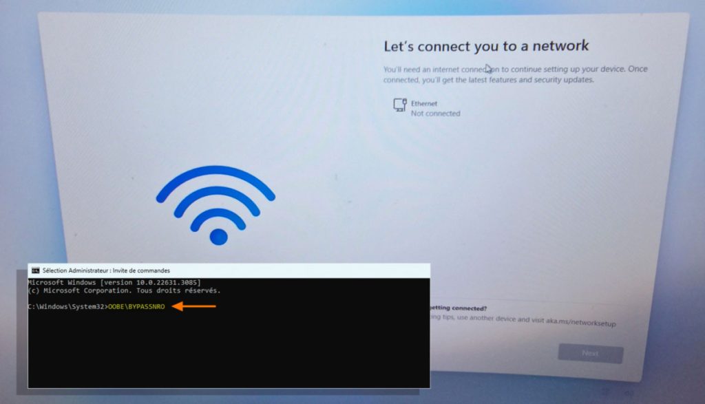Exécution de la commande de contournement réseau dans l'assistant d'installation de Windows 11.
