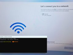 Installer Windows 11 sans connexion Internet Exécution de la commande de contournement réseau dans l'assistant d'installation de Windows 11.