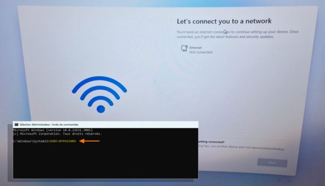 Installer Windows 11 sans connexion Internet Exécution de la commande de contournement réseau dans l'assistant d'installation de Windows 11.
