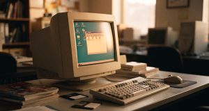 Boîte du système d'exploitation Windows 95 et vieux moniteur d'ordinateur vintage représentant l'époque de sa sortie.