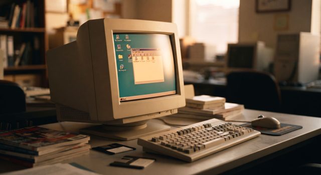 Windows 95 : comment son lancement historique a fait trembler Apple Boîte du système d'exploitation Windows 95 et vieux moniteur d'ordinateur vintage représentant l'époque de sa sortie.