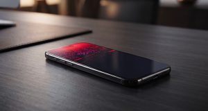 Smartphone Samsung Galaxy S26 Ultra posé sur un bureau sombre avec un défaut d'affichage rouge sur l'écran.