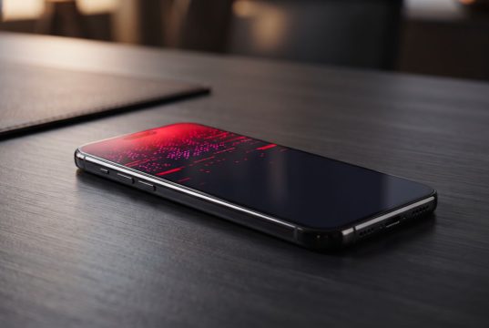 Problème d’écran du Samsung Galaxy S26 Ultra : le correctif du filtre rouge provoque des points rouges Smartphone Samsung Galaxy S26 Ultra posé sur un bureau sombre avec un défaut d'affichage rouge sur l'écran.