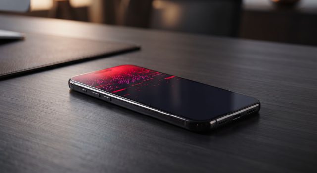 Problème d’écran du Samsung Galaxy S26 Ultra : le correctif du filtre rouge provoque des points rouges Smartphone Samsung Galaxy S26 Ultra posé sur un bureau sombre avec un défaut d'affichage rouge sur l'écran.