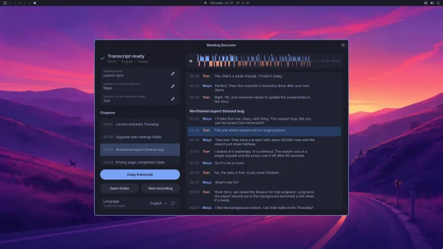 Meeting Recorder : la transcription locale de visioconférences sous Omarchy Meeting Recorder transcrit les visioconférences en local en séparant le micro et le son système.