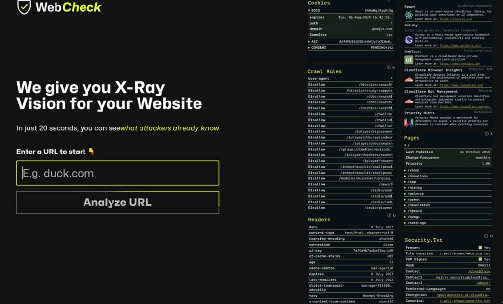 Interface du tableau de bord Web-Check affichant l'analyse OSINT et la sécurité d'un site web.