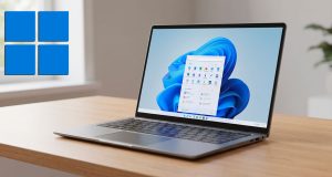 Écran d'un ordinateur portable affichant le bureau de Windows 11 lors du démarrage rapide.