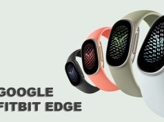 Google officialise le Fitbit Edge avec écran AMOLED, GPS et batterie remplaçable Bracelet connecté Fitbit Edge avec écran AMOLED posé sur un meuble en bois
