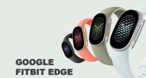 Bracelet connecté Fitbit Edge avec écran AMOLED posé sur un meuble en bois