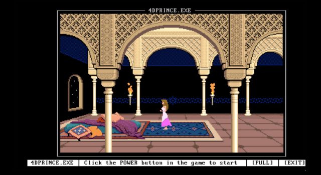 Interface de bureau rétro des années 90 affichant une session de jeu MS-DOS émulée dans un navigateur web.